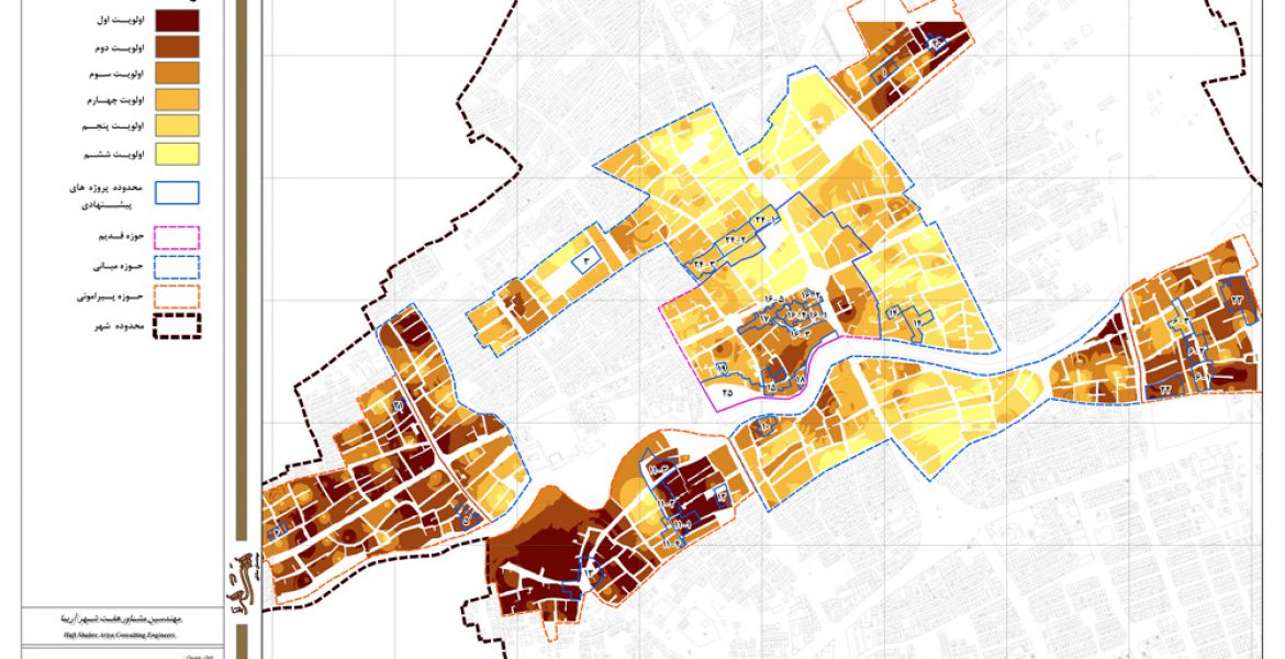طرح بهسازی و نوسازی بافت فرسوده شهر خمین - نقشه موقعیت پروژه های پیشنهادی در نقشه اولویت فرسودگی